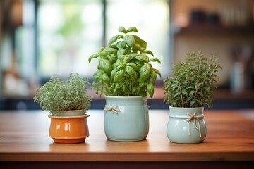 a trio of ceramic pots with basil, oregano, and thyme