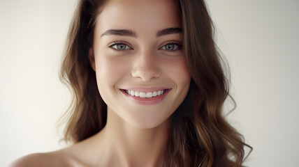 Close-up of a happy young lady alone on a blank white background