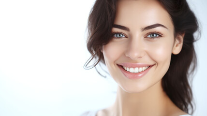 Close-up of a happy young lady alone on a blank white background