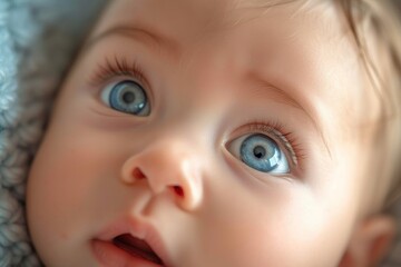 The soft, delicate skin of a newborn baby's cheek is captured in a stunning close-up, showcasing the intricate details of their tiny human face, including their captivating eyes and long eyelashes