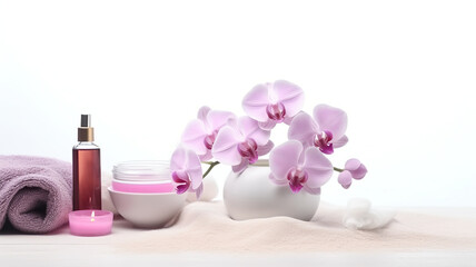 Obraz na płótnie Canvas Spa items isolated on a white background featuring orchids