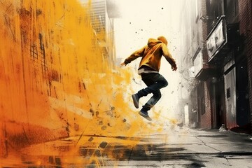 An energetic and dynamic illustration of a man performing an element of breakdancing and parkour with movements and flashes of light. Concept: youth cultural events, sports equipment. Grunge style

