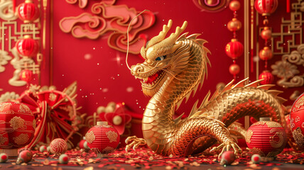 Obraz premium Golden chinese dragon and chinese lantern on red background, Red chinese dragon pattern on red background, New Year abstract greeting backdrop with copy space. Design for poster, card, banner.