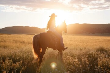 As the fiery sun sets over the tranquil mountain, a woman and her majestic horse gallop through the golden fields, lost in the beauty of nature's embrace - obrazy, fototapety, plakaty