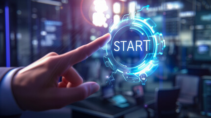 Hand point finger press start button. beginning of a process or innovation. new target.   Futuristic and interactive technology concept. 