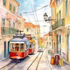 Tramway Watercolor Clipart, Watercolored Design, Ai generative