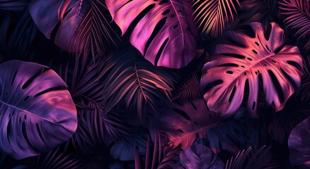 Tropical foliage and monstera leaves illuminated by vibrant neon lights.