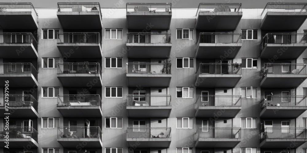 Poster a black and white photograph showcasing a building with balconies. this image can be used to depict 