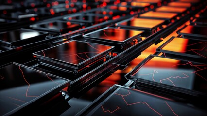 Close-up of black and red glass squares resembling computer chips with a vibrant orange glow. - obrazy, fototapety, plakaty