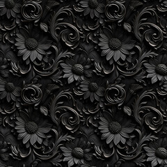 Fototapeta premium Black and white seamless pattern with classic flower and foliage ornament. Seamless texture background