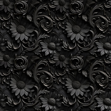 Black and white seamless pattern with classic flower and foliage ornament. Seamless texture background