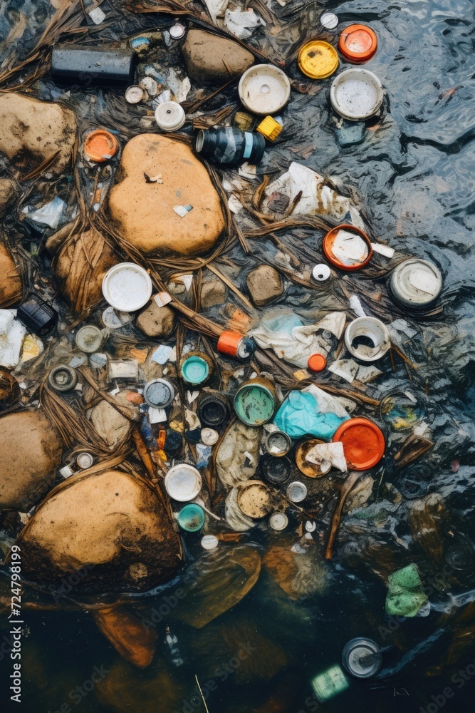 Aufkleber Trash debris floating on the surface of a river. Suitable for environmental awareness campaigns and pollution-related topics
