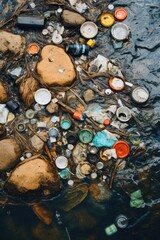 Trash debris floating on the surface of a river. Suitable for environmental awareness campaigns and pollution-related topics