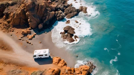 Crédence de cuisine en verre imprimé Plage de Camps Bay, Le Cap, Afrique du Sud Camper on coast in Spain. Aerial view 