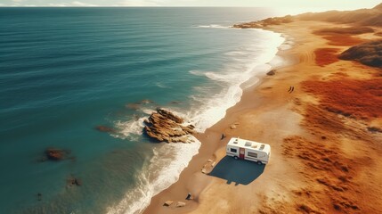 Camper on coast in Spain. Aerial view 