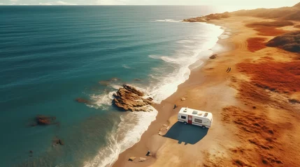 Fotobehang Camps Bay Beach, Kaapstad, Zuid-Afrika Camper on coast in Spain. Aerial view 
