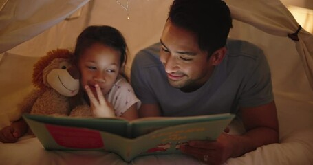 Father, daughter or reading a book in tent or bonding together for child development in home. Man, girl or relax indoor at night for fairytale storytelling, love or excited to learn in house in care