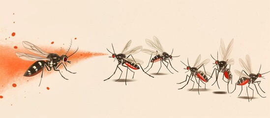 Drawing of mosquitoes on white with orange spray, cartoon illustration of mosquito repellent, hand-made drawing, insect silhouette with long legs, antennae, big eyes and transparent wings, pest issue