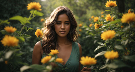 Beautiful nature, bright and Heart warming, girl in a field of sunflowers