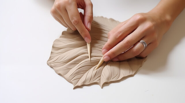 Woman forming clay into a leaf shape with her hands, close-up, isolated on a background of pure white
