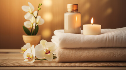 Obraz na płótnie Canvas Spa Essentials for a Relaxing Experience, Promoting Wellness and Self-care with Candles and Towels