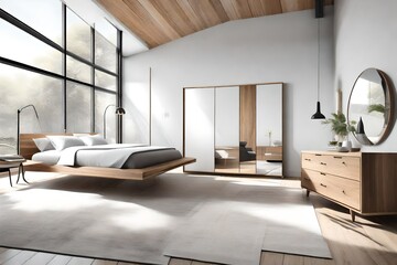 Minimalist interior design bedroom featuring clean lines and a palette of crisp white, cool gray, and natural wood tones