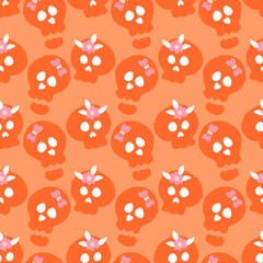 Orange Monochrome Skulls with Flowers Vector Seamless Pattern