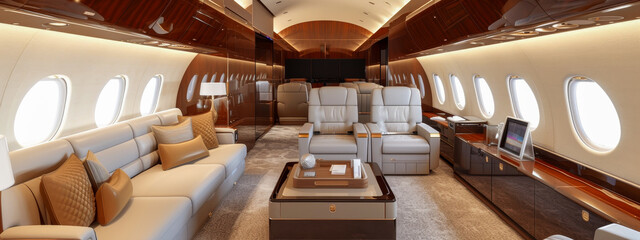 Luxurious private jet interior with elegant design.
 - obrazy, fototapety, plakaty