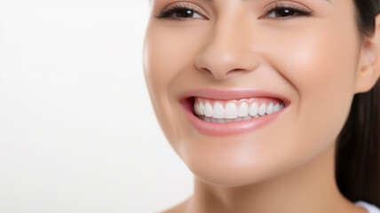 A young lady isolated on a white background wearing braces for her teeth