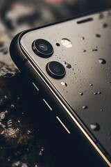A close-up view of a cell phone with water droplets on it. Can be used to depict water damage or the need for protection against water