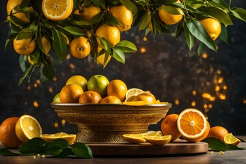 Visualize a cosmetic platform with a lemon-inspired background, where products are elegantly displayed on a podium amidst a citrus-themed scene, radiating sunny yellow hues