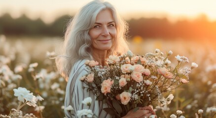 a beautiful older woman holding a bouquet of flowers