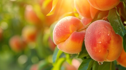 Beautiful juicy ripe peach hang on a branch in the summer garden