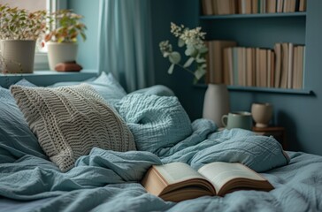 book stand and book on bed,