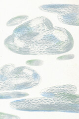 Graphic illustration of blue clouds with speckled texture on white background