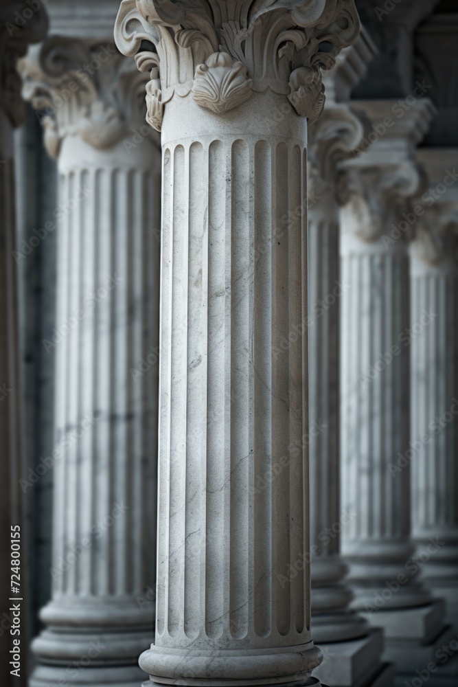 Poster A row of white columns with a clock on top. Suitable for architectural themes and time management concepts