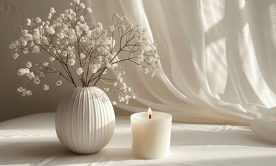 candle and flowers in a vase on background in white glass