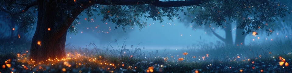 Virtual fireflies illuminate a serene digital night - obrazy, fototapety, plakaty