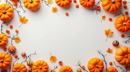 A festive Halloween frame featuring whimsical orange pumpkin garlands arranged on a clean white background