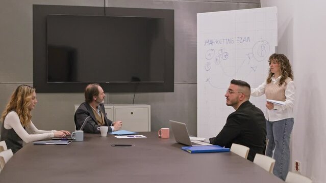 Business team in a meeting room with one member writing a marketing plan on the whiteboard, others at table. 