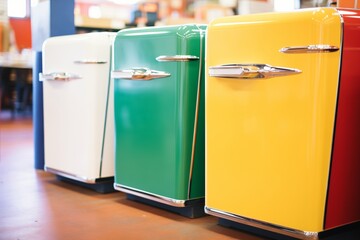 row of colorful retro fridges with chrome handles