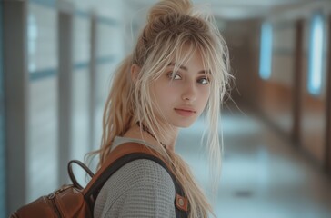 a blonde girl with a backpack in an hallway