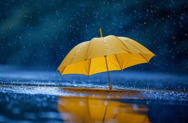 a yellow umbrella is sitting in rain