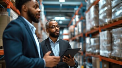 Close up diverse black african american male manager in light warehouse distribution logistic centre holding tablet - obrazy, fototapety, plakaty