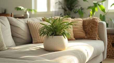 plants in white pot sitting in the middle of couch