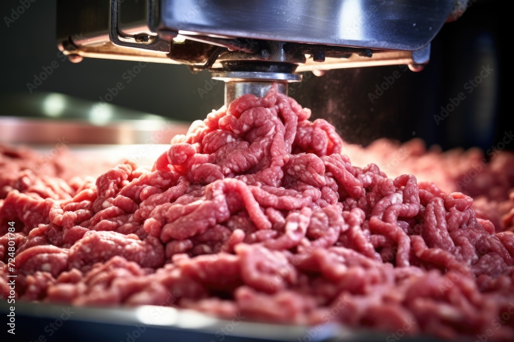 Poster a machine processing a pile of ground beef. suitable for food industry and meat processing illustrat