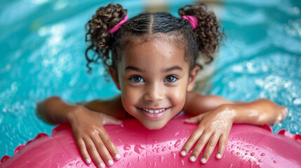 A little dark-skinned girl in a pool on a pink inflatable ring. A child learns to swim with an inflatable ring. Healthy outdoor sports for children. Children's beach activities, water games