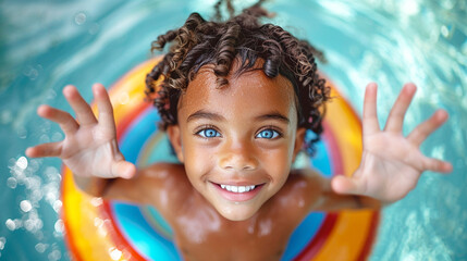A dark-skinned blue-eyed boy in a pool on a multi-colored inflatable ring learns to swim. Healthy outdoor sports for children. Children's beach activities, water games - obrazy, fototapety, plakaty