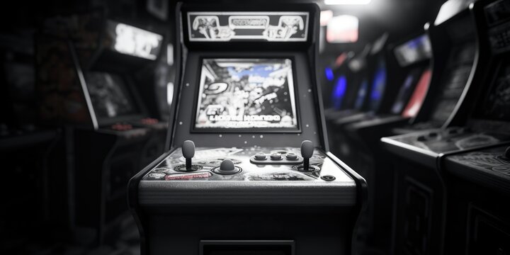 A black and white photo capturing the essence of a video game. Can be used for gaming-related articles or as a nostalgic representation of the gaming industry