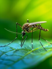 Beautiful nature photograph of a Culex mosquito on a leaf, on green background, bokeh effect, close-up illustration of a gnat, insect in its natural environment, a bug vector of infectious diseases